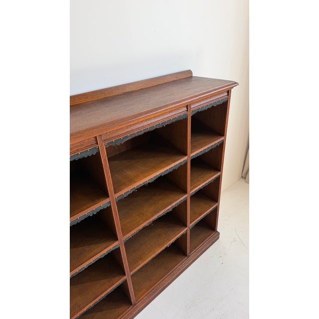 Brown Antique English Victorian Oak Open Bookcase with Leather-Trimmed Shelves, 1800s For Sale - Image 8 of 10