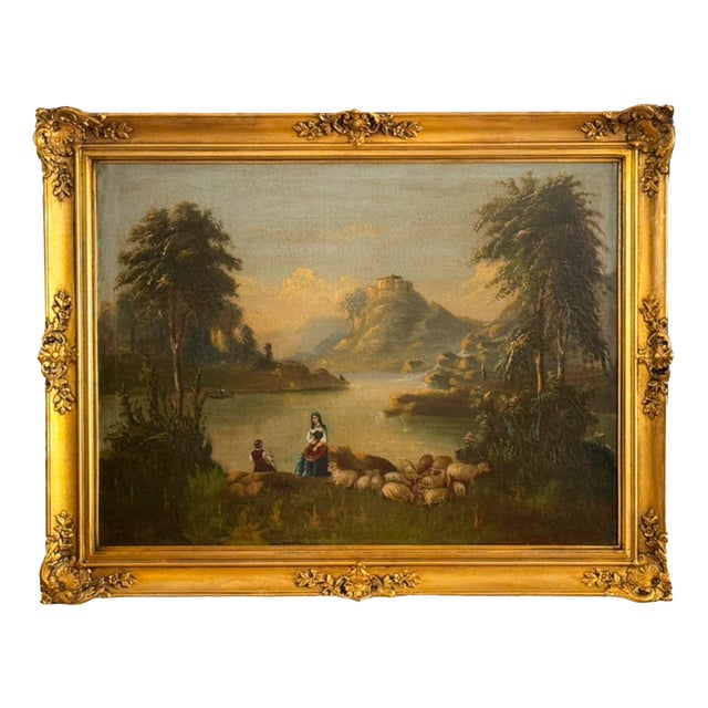 French Artist, Romanticist Lake Scene, 19th Century, Oil on Canvas For Sale
