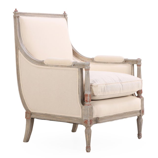 French A Pair of Louis XVI Style Grey Painted and Partial Gilt Wood Upholstered Bergère Chairs, C. 1940. For Sale - Image 3 of 4