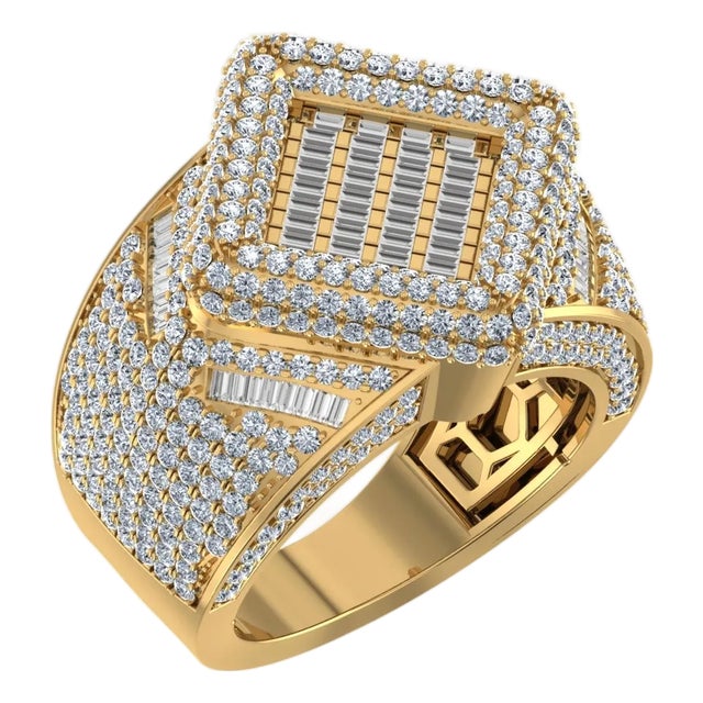 10K Yellow Gold Round Baguette Diamond Designer Mens Ring 4 Cttw, Size 10 For Sale