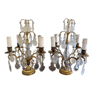 Antique French Dore Bronze & Crystal Girandole Candelabra Lamps - a Pair For Sale