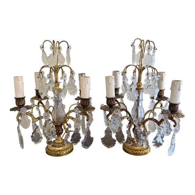 Antique French Dore Bronze & Crystal Girandole Candelabra Lamps - a Pair For Sale