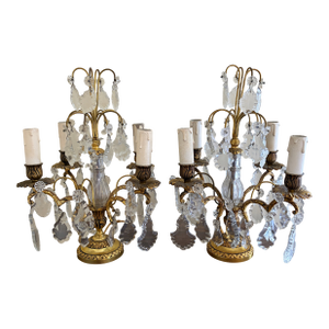 Antique French Dore Bronze & Crystal Girandole Candelabra Lamps - a Pair