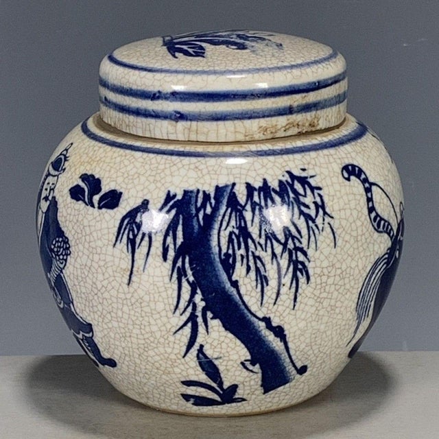 1970s 1970s Blue & White Porcelain Ginger Jar With Figural Scene & Crackle Glaze, 4.3" For Sale - Image 5 of 9