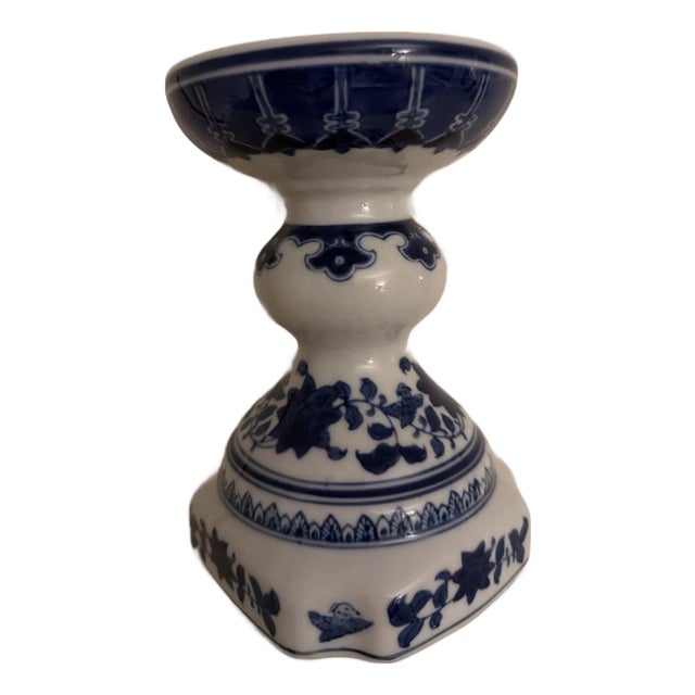 Vintage Chinese Blue and White Temple Candle Holder For Sale