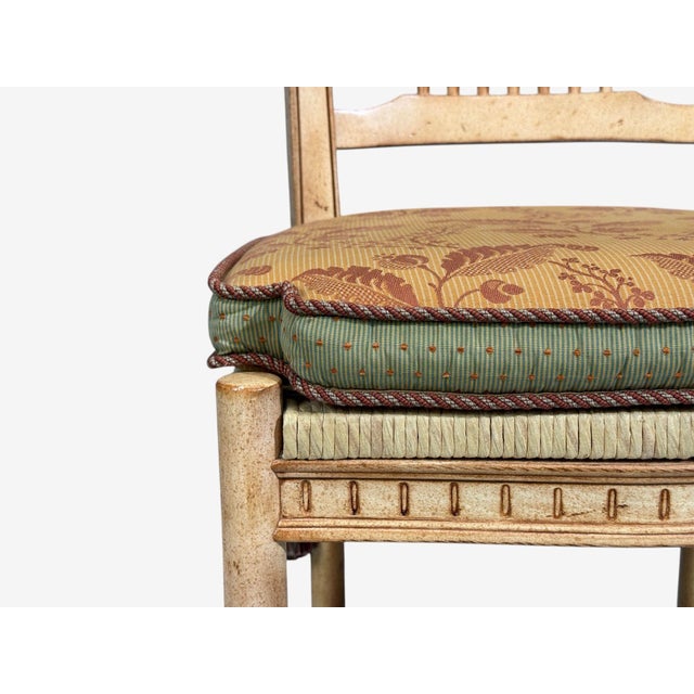Wood Regency, Four Dining Chairs, Painted Wood, Straw, Fabric, Usa, 1940s For Sale - Image 7 of 15