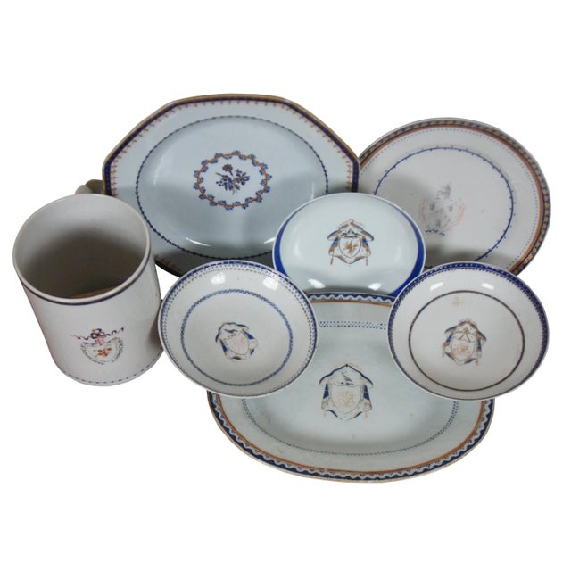 Chinese Antique 18th Century Chinese Export Qianlong Armorial Federal Porcelain China Set- 7 Pieces For Sale - Image 3 of 13