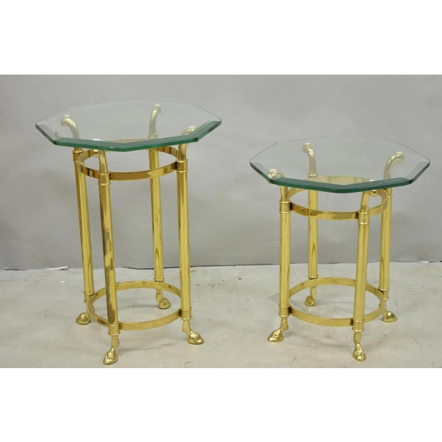 Vintage Hollywood Regency Brass Hoof Foot Glass Top Graduating Side Table - Pair For Sale - Image 9 of 15