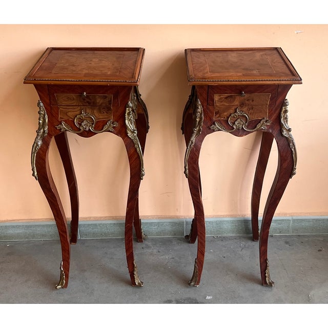 French Classic Louis XV Style Marquetry Nightstands With Drawer, 1910 For Sale - Image 4 of 11