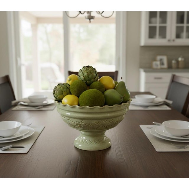 Vintage-Style Scalloped Celadon Pedestal Bowl – 11" Textured Ceramic Compote For Sale In West Palm - Image 6 of 9