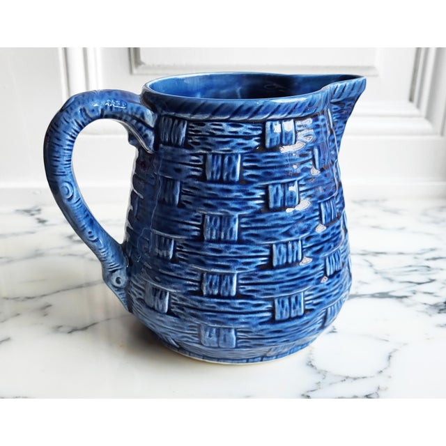 Lovely mid-century French ceramic jug by renowned maker Sarreguemines. The glaze is a deeply saturated, Mediterranean...