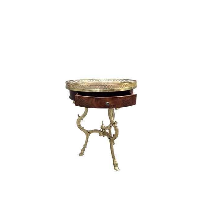 Vintage French Louis XVI Style Marquetry Gueridon Side Table with Brass Gallery & Drawer Exquisite French Louis XVI style...