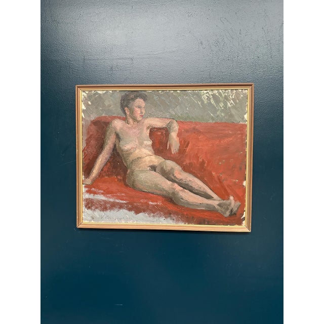 Vilhelm Blomquist, Reclining Lady on Red Couch, 1960s, Oil on Panel, Framed For Sale - Image 10 of 18