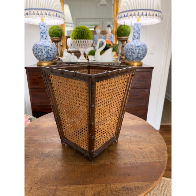 Mid 20th Century Vintage Wooden Faux Bamboo and Woven Cane Sided Waste Basket in Dark Wood For Sale - Image 5 of 5