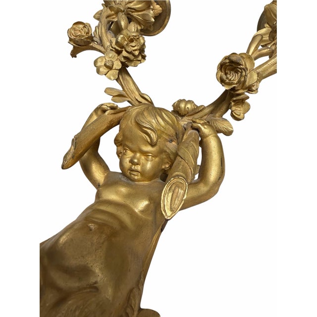 19th Century Pair of Antique 19c French Gilt Bronze Cherubic Light Sconces For Sale - Image 5 of 8