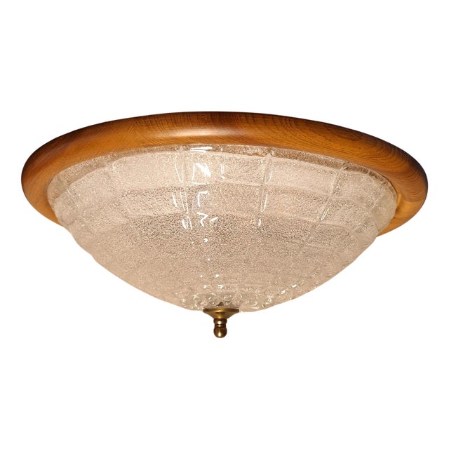 Flat Vintage Ceiling Lamp with Curved Ice Glass Shade on Ash Wood Mount with Brass Bracket, 1990s For Sale