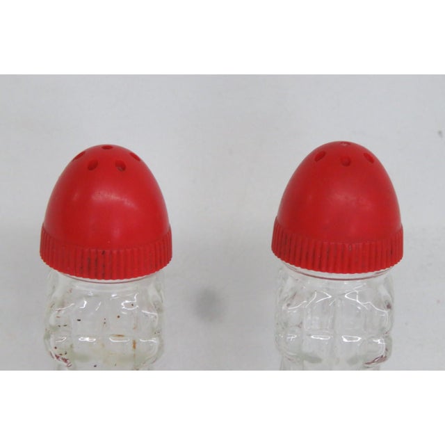 Mid 20th Century Mid Century Modern Pressed Glass Salt and Pepper Shakers Pair of 2 With Red Tops For Sale - Image 11 of 15