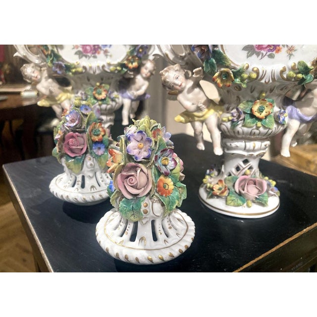 19th Century Capodimonte Polychrome Porcelain Incense Burners Vases with Flowers and Winged Cherubs, Set of 2 For Sale - Image 10 of 18