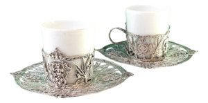 Porcelain Coffee Cups with Silver Stands, Set of 2
