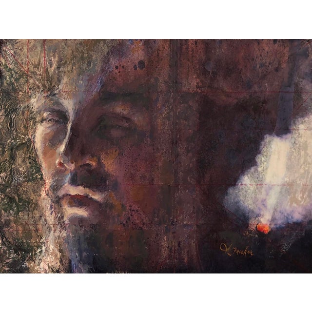 Mapping by Lisa Fricker | Oil on Collage on Panel Abstract depiction of a face with textured elements. For Sale