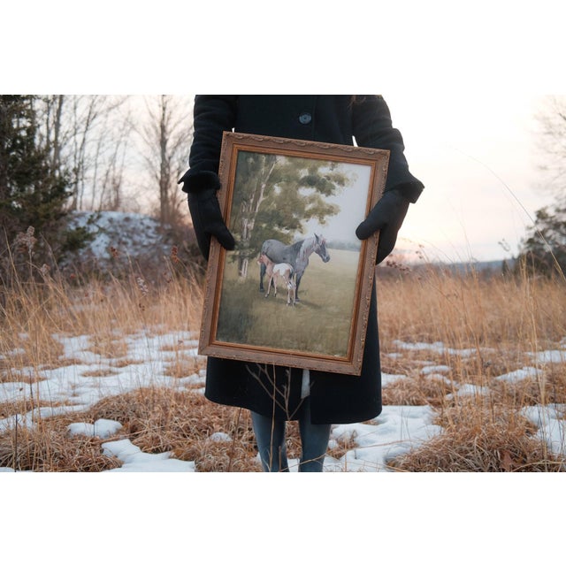 Figurative The Gift by Mo Myra | Watercolor on paper of a horse and foal in a grassy landscape For Sale - Image 3 of 5
