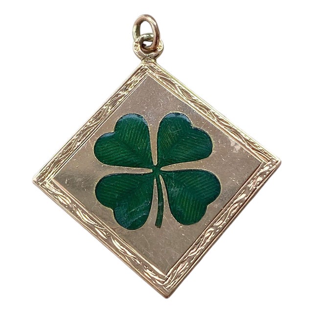 Antique 14k Rose Gold Enamel Four Leaf Clover Charm Pendant For Sale