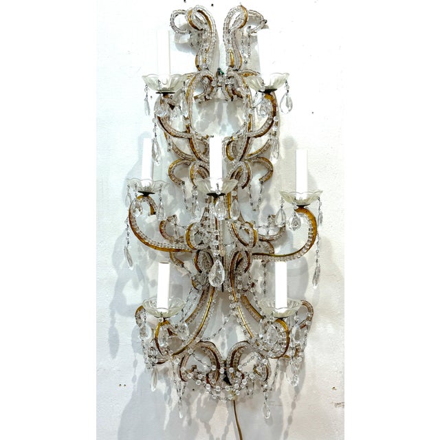 Large Pair of Maria Theresa Style Crystal 7-Light Wall Sconces, Italy Circa 1950 For Sale - Image 11 of 18