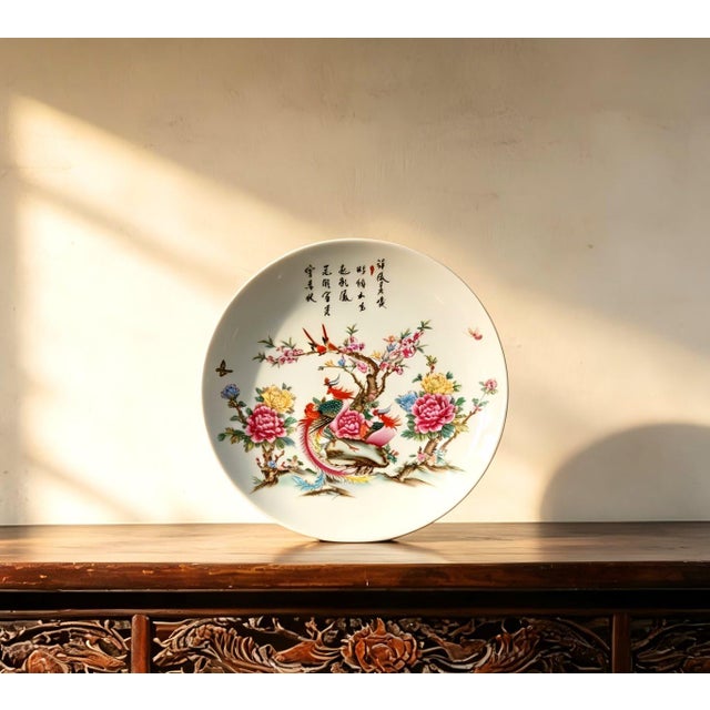 Art Deco Chinese Ceramic Plate,Famille Rose Porcelain Plate Hand Painted Flowers and Phoenix Pattern For Sale - Image 3 of 11