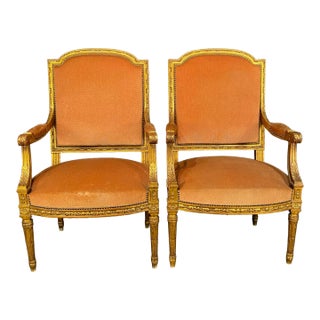 Antique French Louis XVI Giltwood Mohair Armchairs From Salon Set -a Pair For Sale