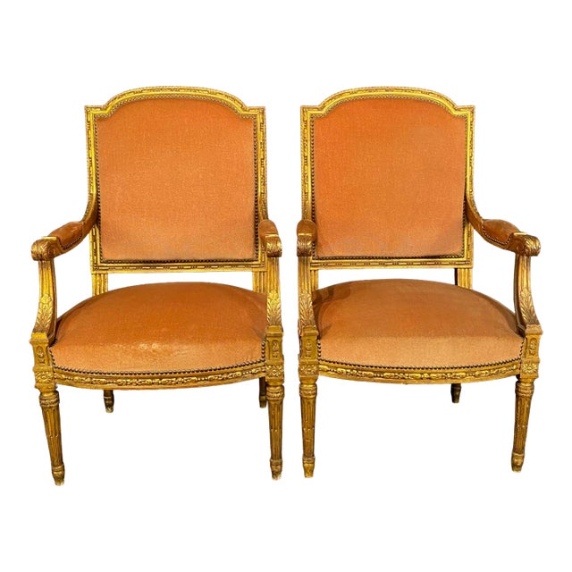 Antique French Louis XVI Giltwood Mohair Armchairs From Salon Set -a Pair For Sale