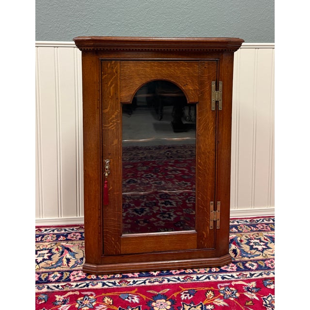 Antique English Corner Cabinet Carved Oak Hanging Wall Cabinet Storage c.1920s For Sale - Image 10 of 18