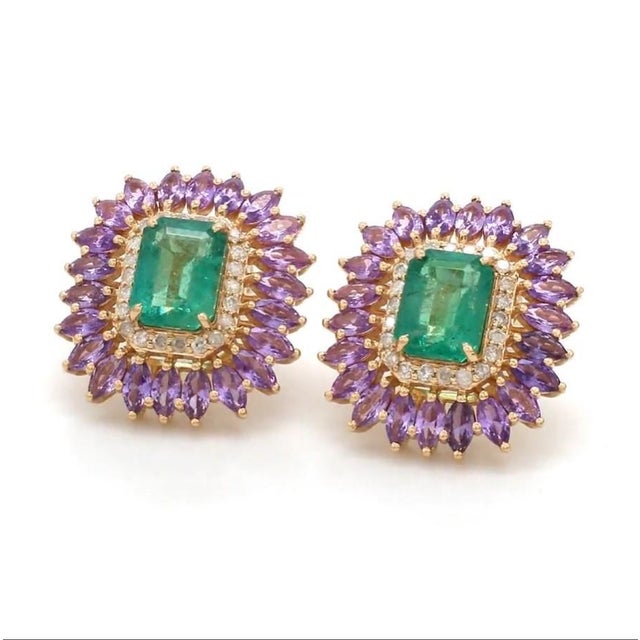 Gemstone 3.25 cts Natural emerald and 3.76 cts pink sapphire earring in 14k gold For Sale - Image 7 of 18