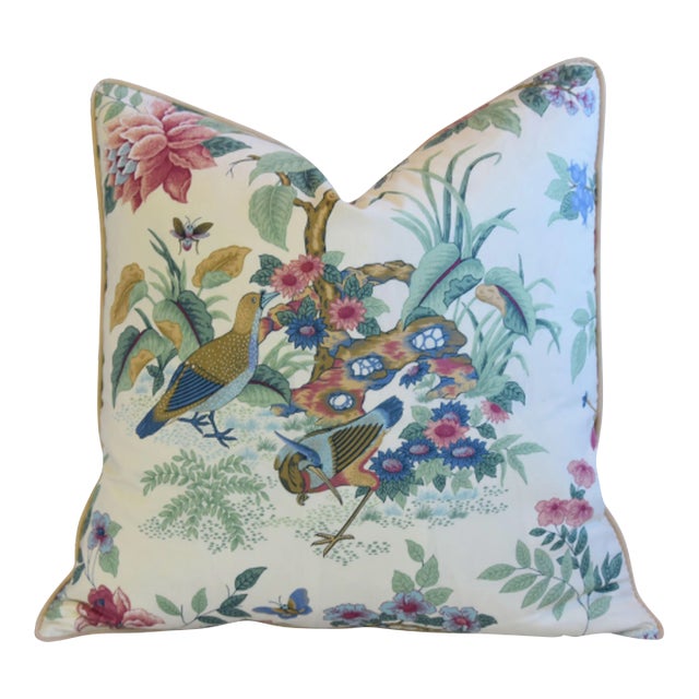 Schumacher Asian Chinoiserie Birds& Botanical Floral Feather/Down Pillow 24" Square For Sale