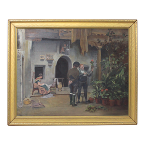 Antique Early 20th Century Genre Oil Painting of Flower Salesman in Courtyard
