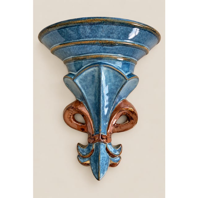French Country Vintage Ceramic Wall Brackets Sconces Fleur-De-Lis Blue and Brown Glazed – A Pair For Sale - Image 3 of 8
