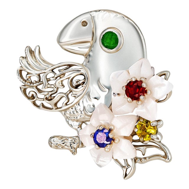 Parrot on Flowers Pendant With Colored Gems in 14k Gold For Sale