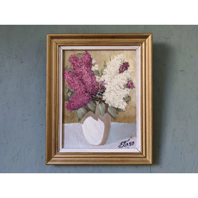 HYACINTHS Size: 52 x 42 cm (including frame) Oil on Board An expressive and beautifully textured mid-century floral still...