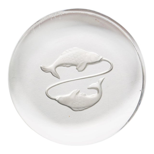 Val Saint Lambert France Engraved Glass Disc Pisces Paperweight For Sale