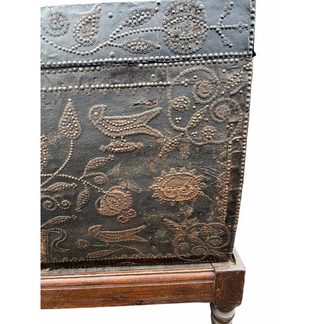 Wood 17th Century Leather Bound Wedding Chest Coffee on Stand For Sale - Image 7 of 12
