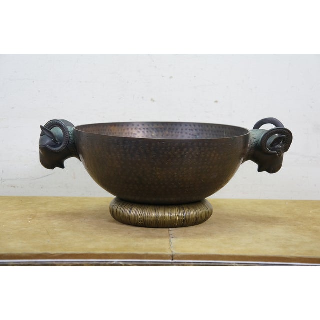 Late 20th Century Vintage Hammered Brass Rams Bust Head Centerpiece Bowl 18" For Sale - Image 5 of 15