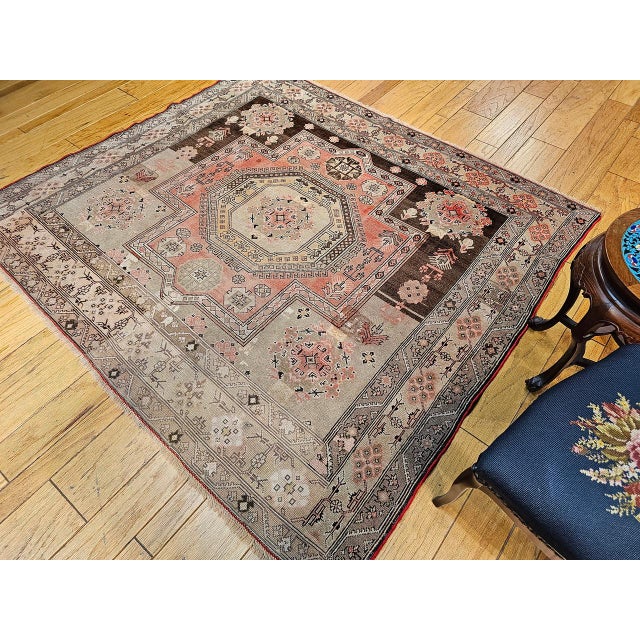 Mid 20th Century Antique Turkish Oushak Rug, Hand-Knotted Wool Pile, Mamluk Design, 6' x 7' For Sale - Image 5 of 16