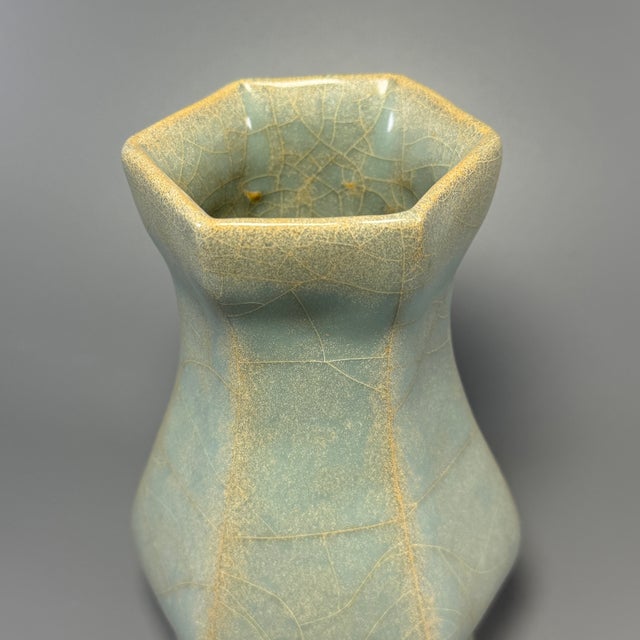 Chinese Antique Chinese Official‑Style Celadon Hexagonal Porcelain Vase For Sale - Image 3 of 8