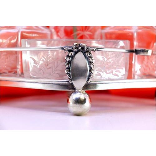 Silver Structure and Cut Glass Cruets and Mustard Jar and Salt and Pepper Containers, Set of 6 For Sale - Image 4 of 7