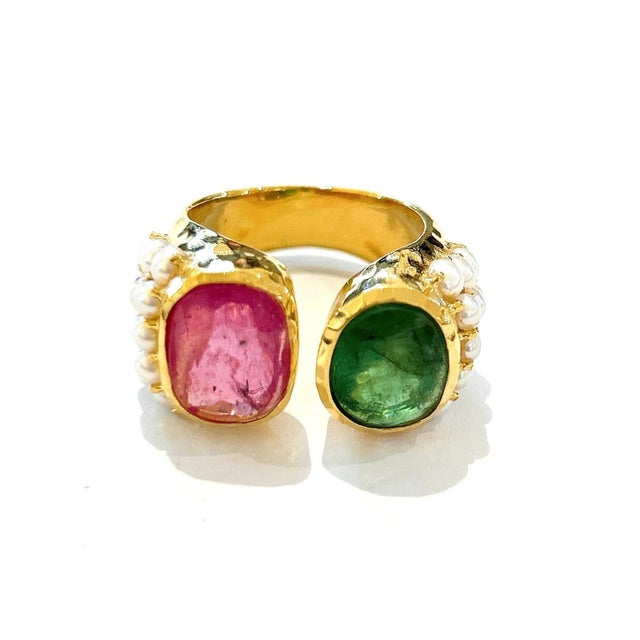 Bochic "Orient" Red Ruby & Green Tourmaline Ring Set 18K Yellow Gold & Silver For Sale - Image 18 of 18
