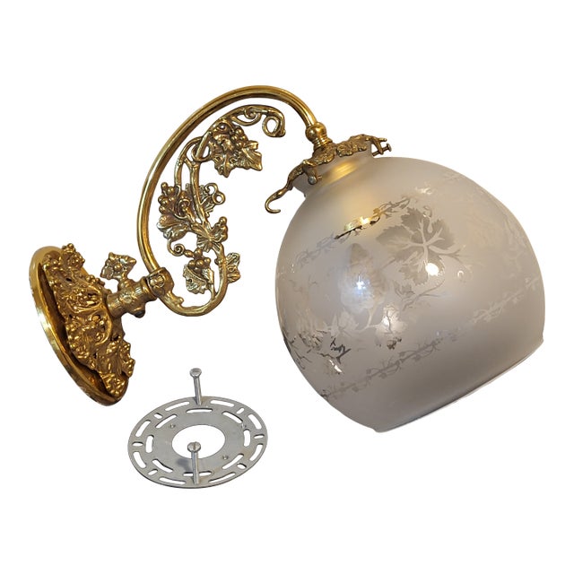 Antique Brass Wall Sconce With Frosted Glass Shade & Etched Floral Design For Sale