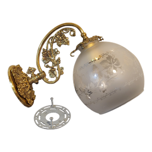 Antique Brass Wall Sconce With Frosted Glass Shade & Etched Floral Design