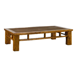 Chinese Qing Dynasty Elm Lohan Bed Coffee Table with Hand-Woven Rattan Top