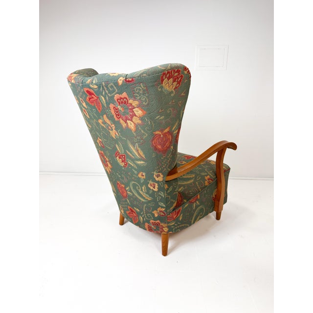 Fritz Hansen Swedish High Back Lounge Chair With Floral Upholstery, 1950's For Sale - Image 4 of 9