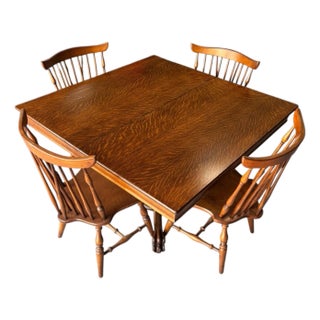 1930s Tiger Oak/Quarter Sawn Table With Color Matched Ethan Allen (Nutmeg) Hard Rock Maple Fiddleback Chairs - All High End Handcrafted Furnitire For Sale