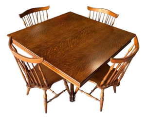 1930s Tiger Oak/Quarter Sawn Table With Color Matched Ethan Allen (Old Tavern) Fiddleback Windsor Chairs - All High End Handcrafted Furnitire